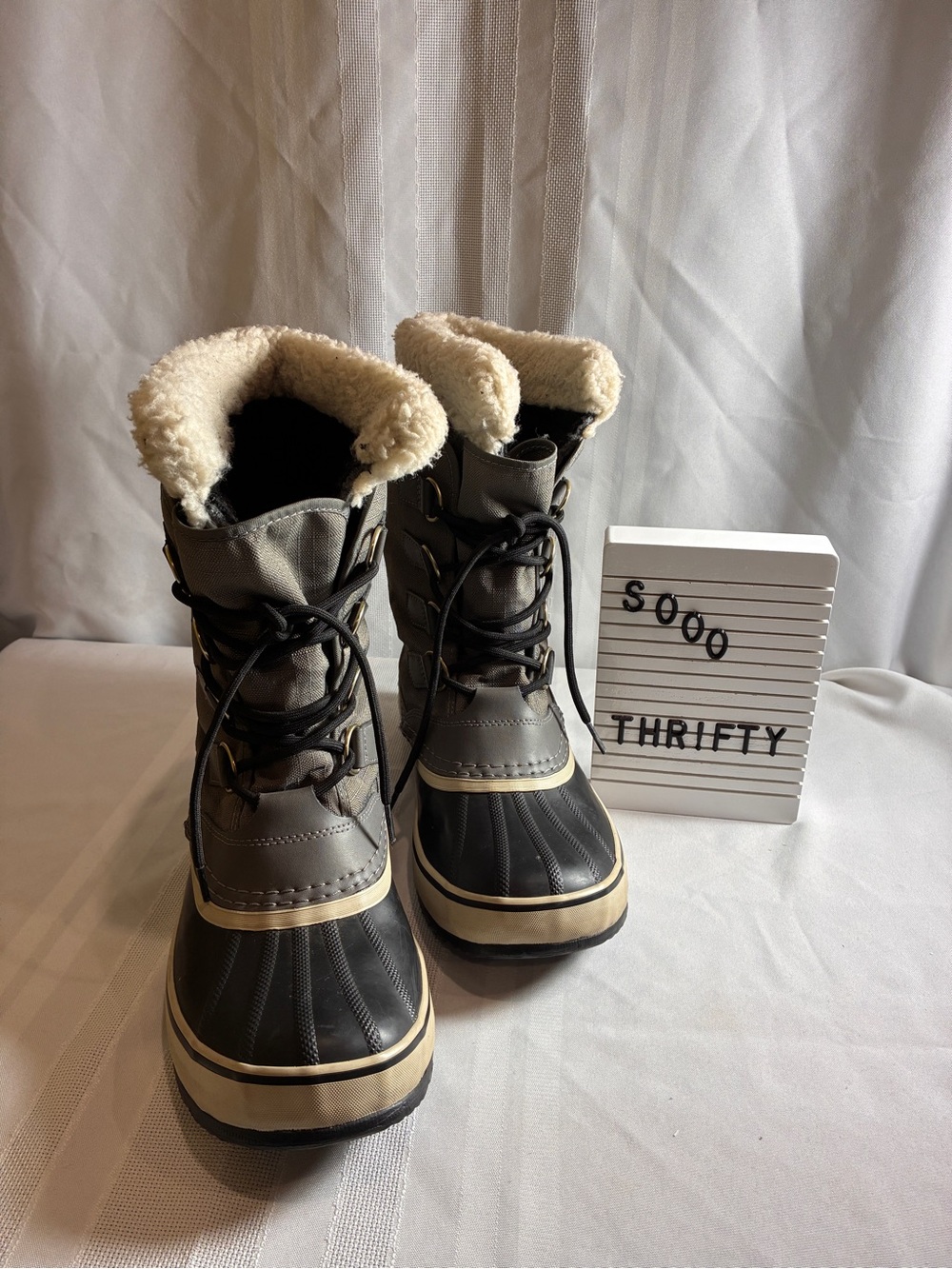 Sorel Black and Gray Winter Lace-Up Boots with Cream Faux Fur
